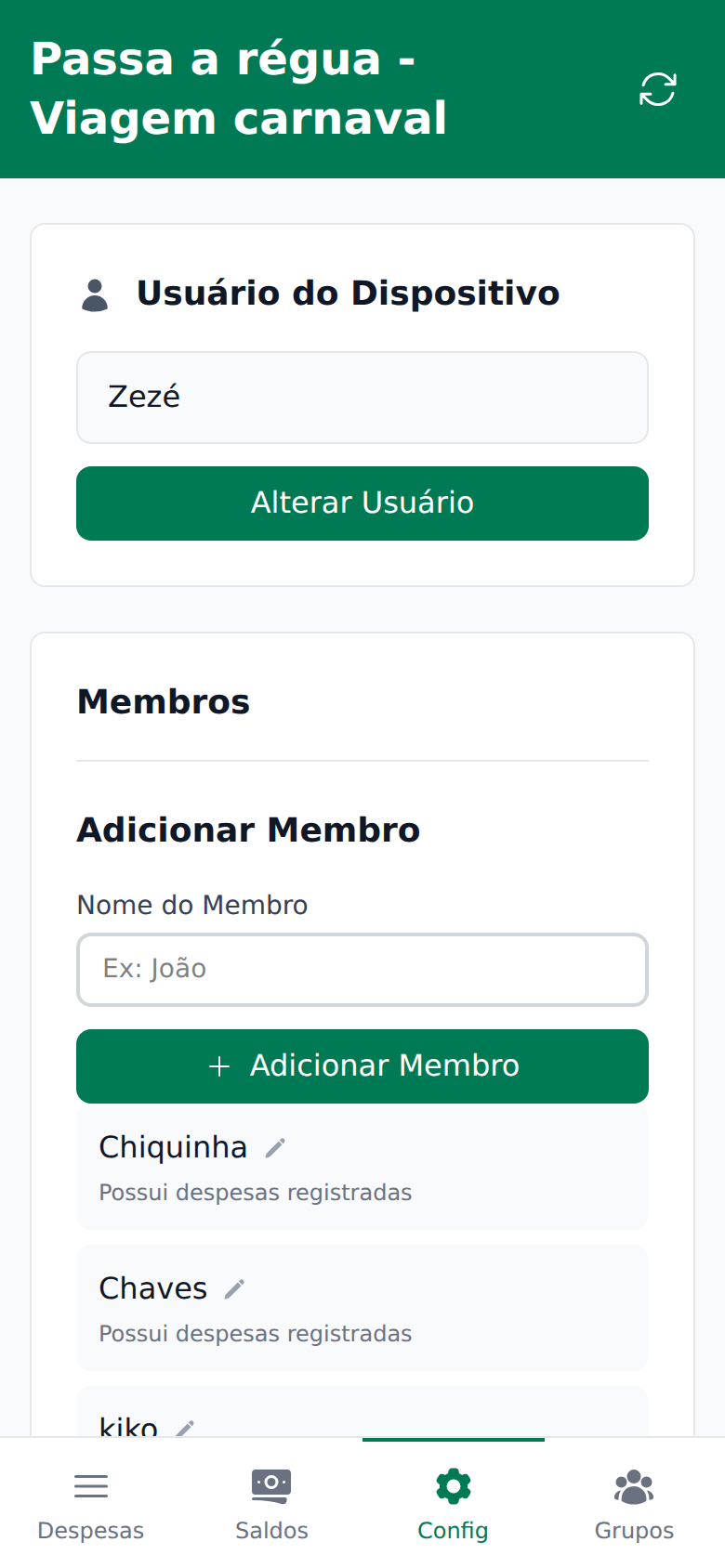 Configurações e membros