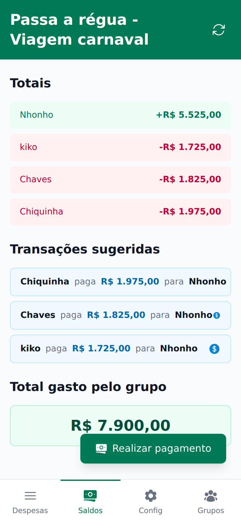 Saldos e transações sugeridas