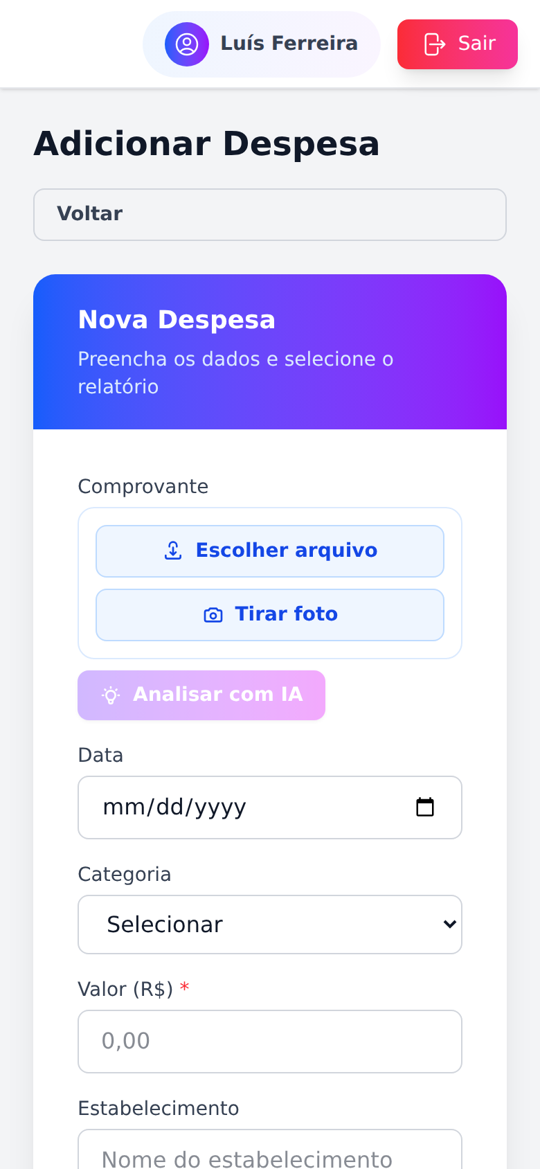 Nova despesa mobile